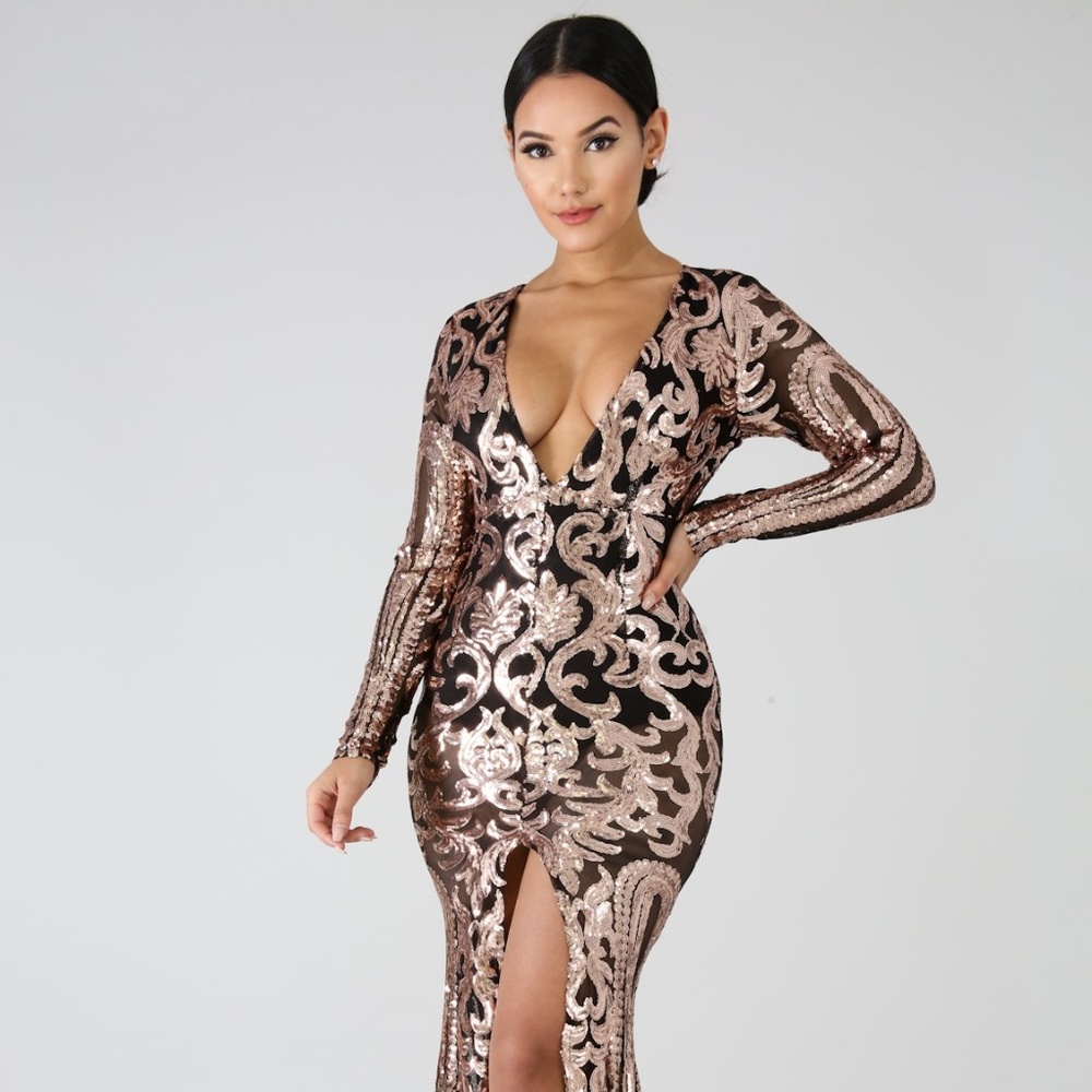 Hot Miami Styles Sequin Black/Gold Gown